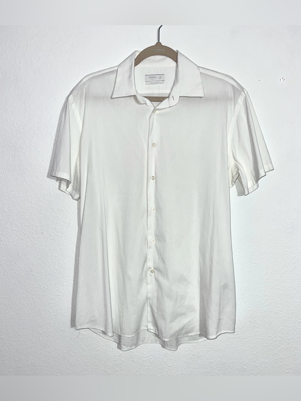 PRADA Milano White Man Stretch Poplin Short Sleeve Button Down Shirt Sz 39/15.5